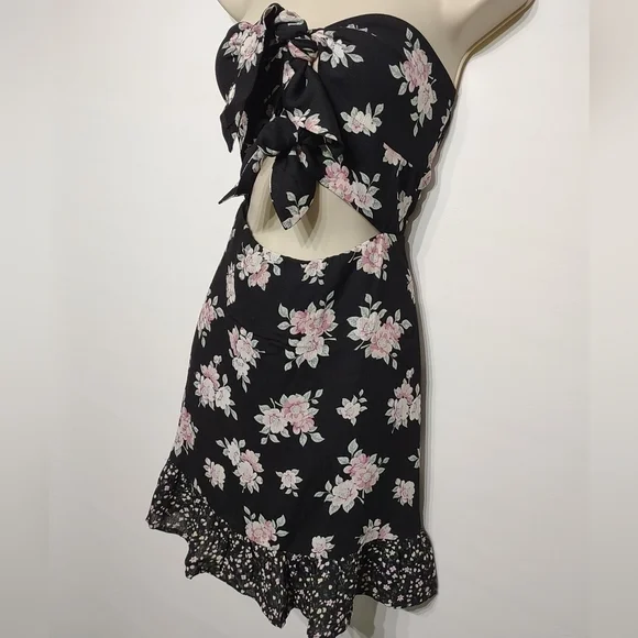 Lulus Dress Black Floral Print Strapless Tie-Front Mini Dark Floral Dress NWT - Picture 6 of 10